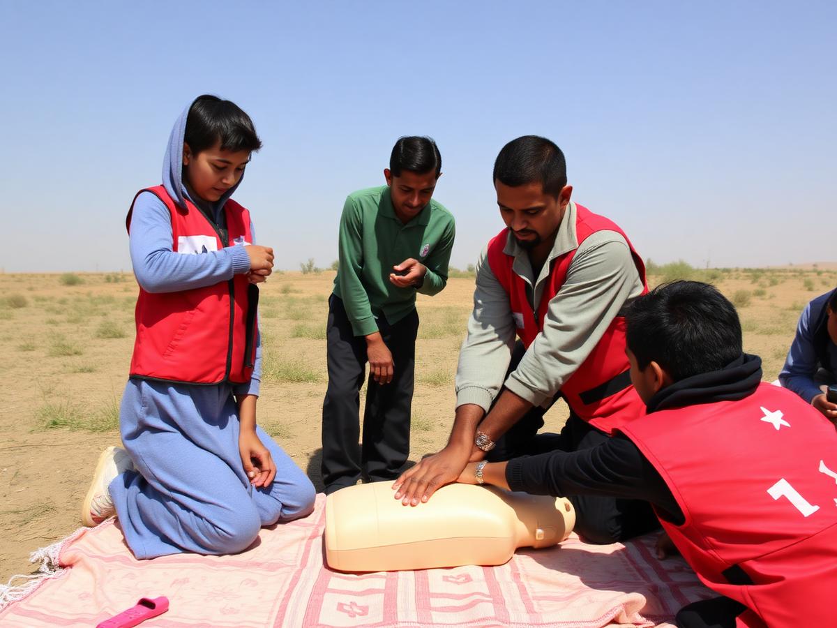 Volunteers practising CPR on a training mannequin during an outdoor first aid session